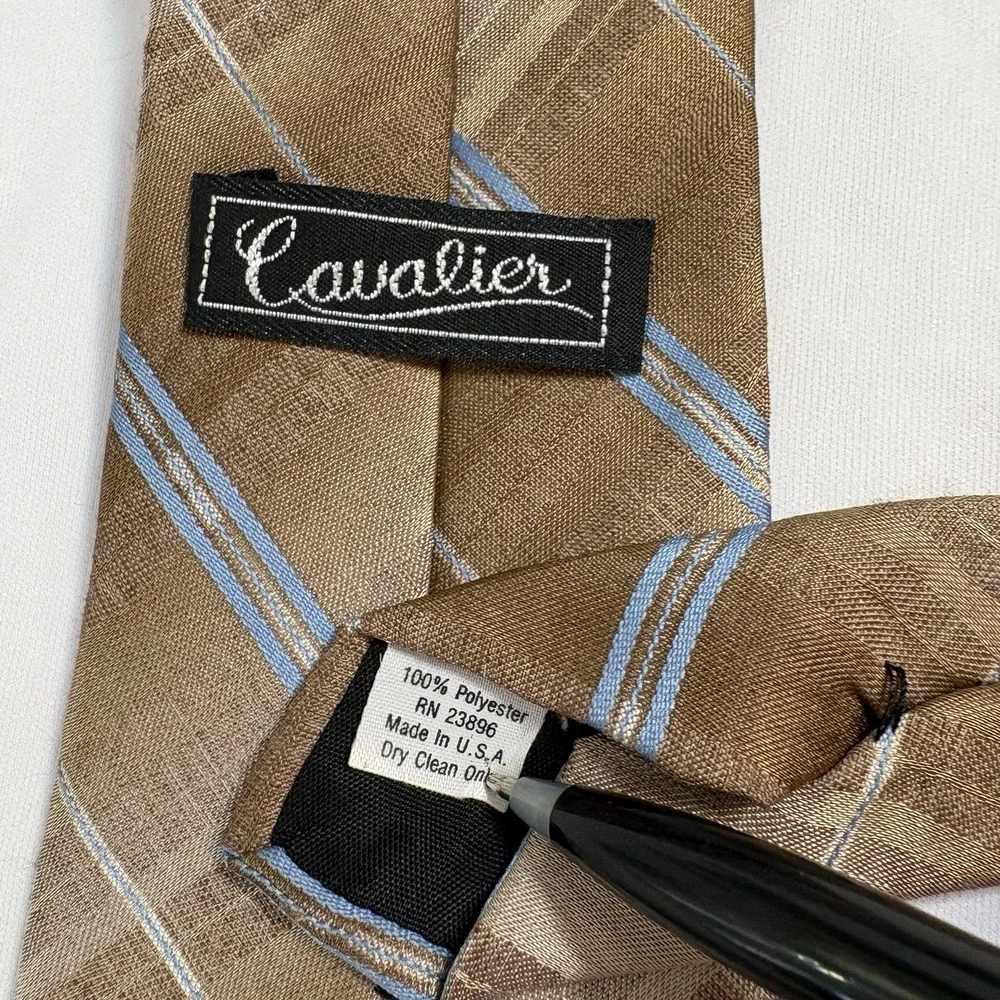 Vintage Cavalier Cravat Men's Tie 1970s‎ Brown Blue Striped Retro Poly USA MCM